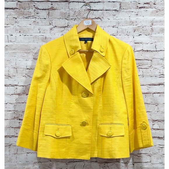 AK Anne Klein Women's Yellow Cotton Linen Blend Career Blazer Jacket Size 14 - Picture 1 of 5